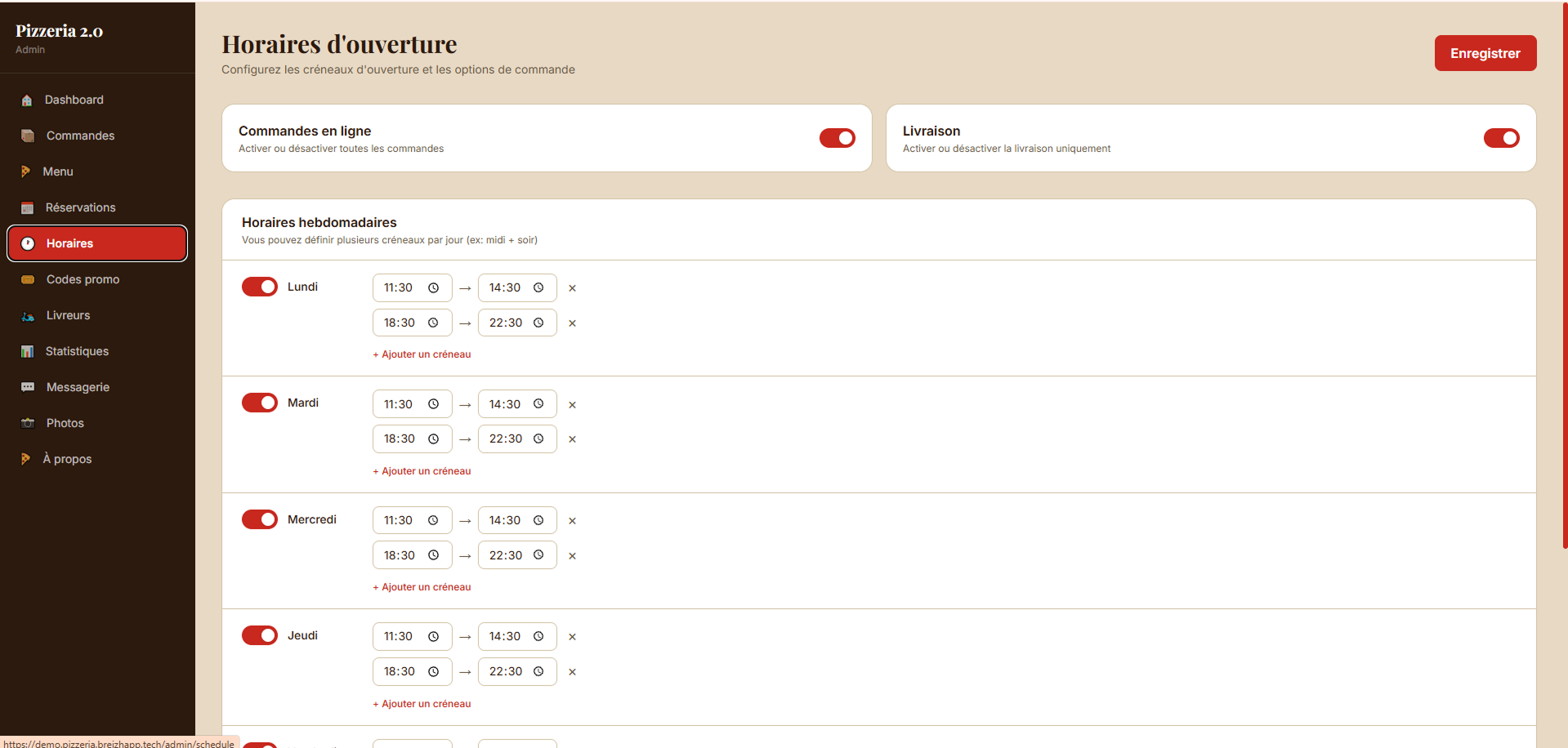 Gestion des horaires panel admin restaurant BreizhApp