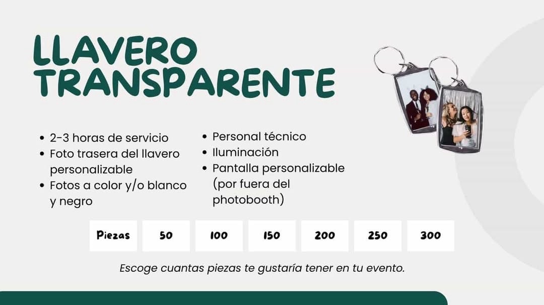Cabina de fotos, con pantalla personalizada para eventos y estación de llaveros