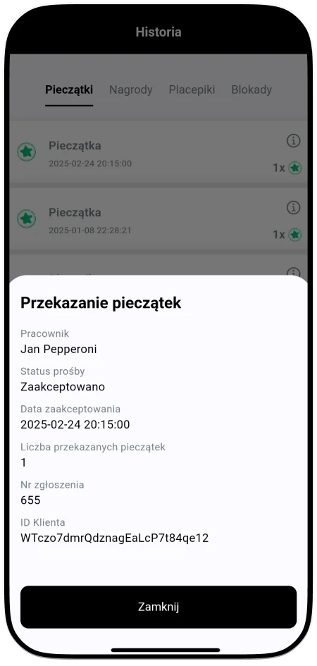 Jak klient może odebrać pieczątke w Placepy? - Szczegóły akceptacji pieczątki w pełnej historii pieczątek w Placepy Business