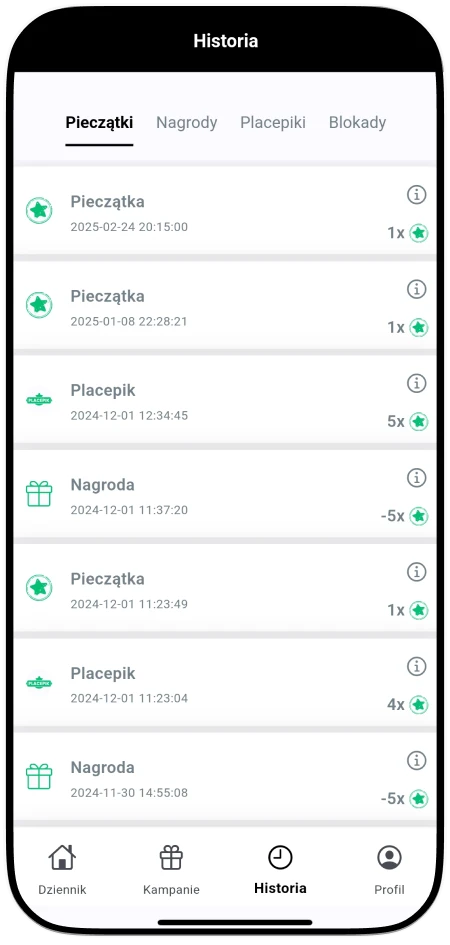 Jak klient może odebrać pieczątke w Placepy? - Akceptacja pieczątki w pełnej historii pieczątek w Placepy Business