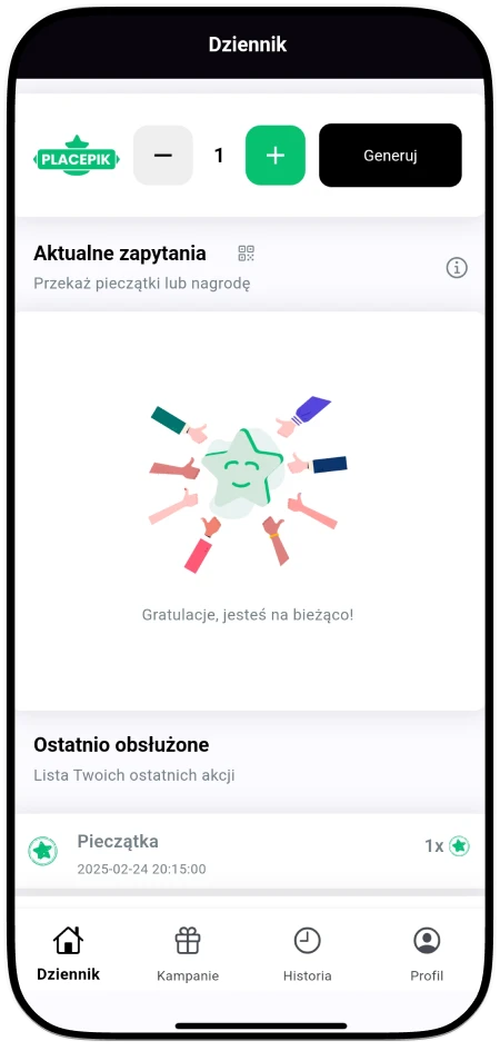Jak klient może odebrać pieczątke w Placepy? - Akceptacja pieczątki w Ostatnio Obsłużonych Akcjach w Placepy Business
