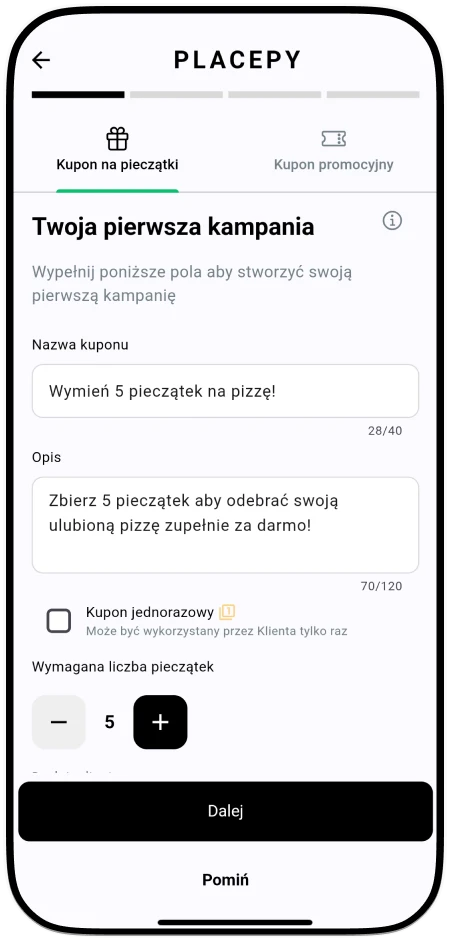 Proces rejestracji w Placepy Business - Utwórz pierwszy kupon promocyjny lub kupon na pieczątki