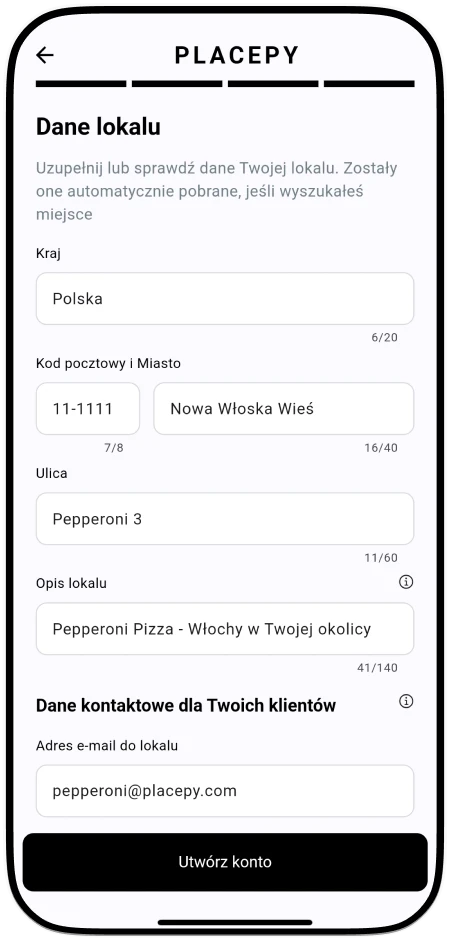 Proces rejestracji w Placepy Business - Uzupełnij dane lokalu