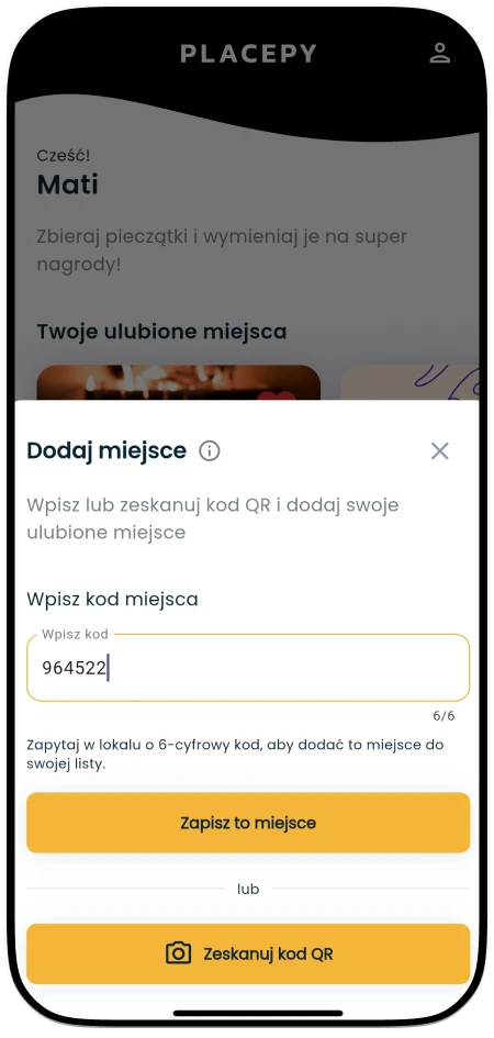 Dodaj klienta do Twojego lokalu w Placepy - Wpisz 6-cyfrowy kod firmy lub zeskanuj kod QR firmy