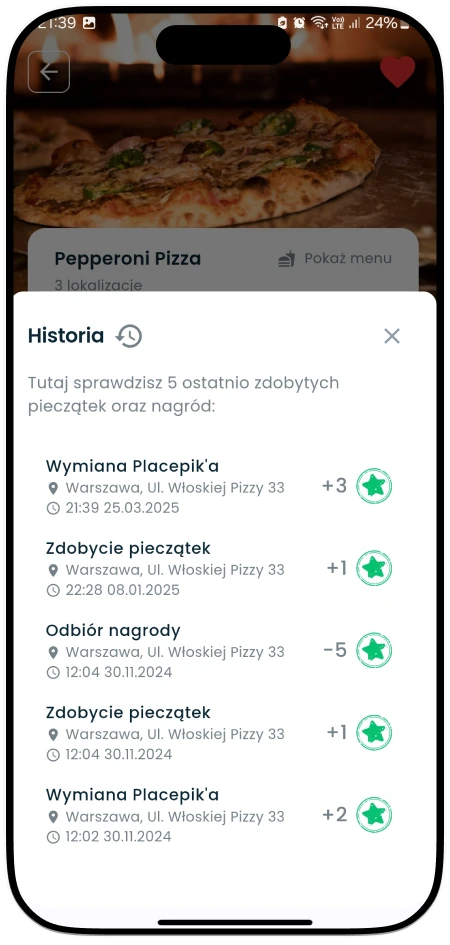 Jak klient może odebrać pieczątke w Placepy za pomocą kodu Placepik? - Historia akcji w Placepy