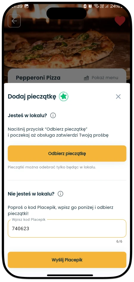 Jak klient może odebrać pieczątke w Placepy za pomocą kodu Placepik? - Wyślij Placepik