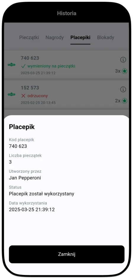 Jak klient może odebrać pieczątke w Placepy za pomoca kodu Placepik? - Historia kodów Placepik w Placepy Business - Szczegóły