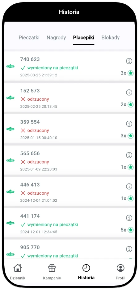 Jak klient może odebrać pieczątke w Placepy za pomoca kodu Placepik? - Historia kodów Placepik w Placepy Business