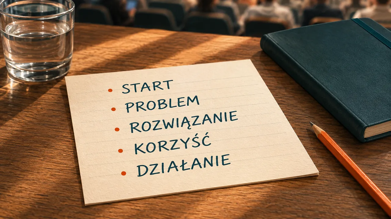 Karta pomocnicza do prezentacji z pięcioma hasłami obok notatnika i szklanki wody