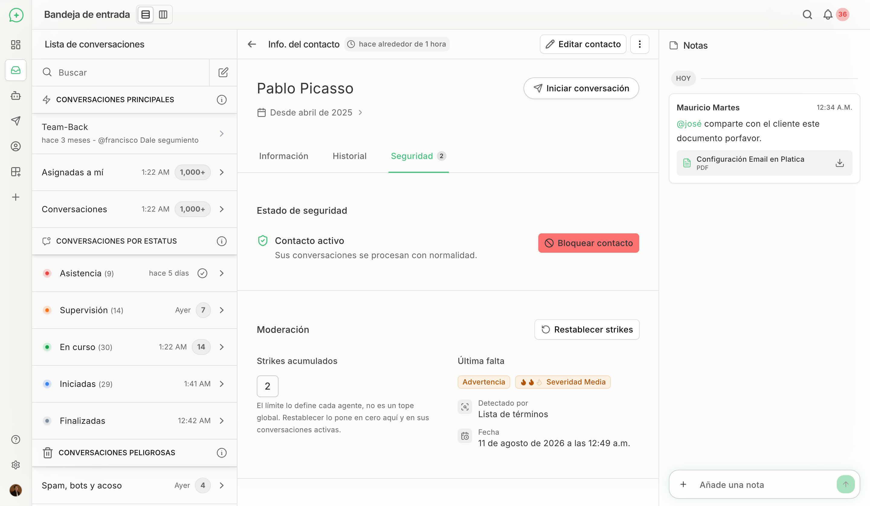 Página de contacto rediseñada con pestaña de Seguridad y notas con adjuntos