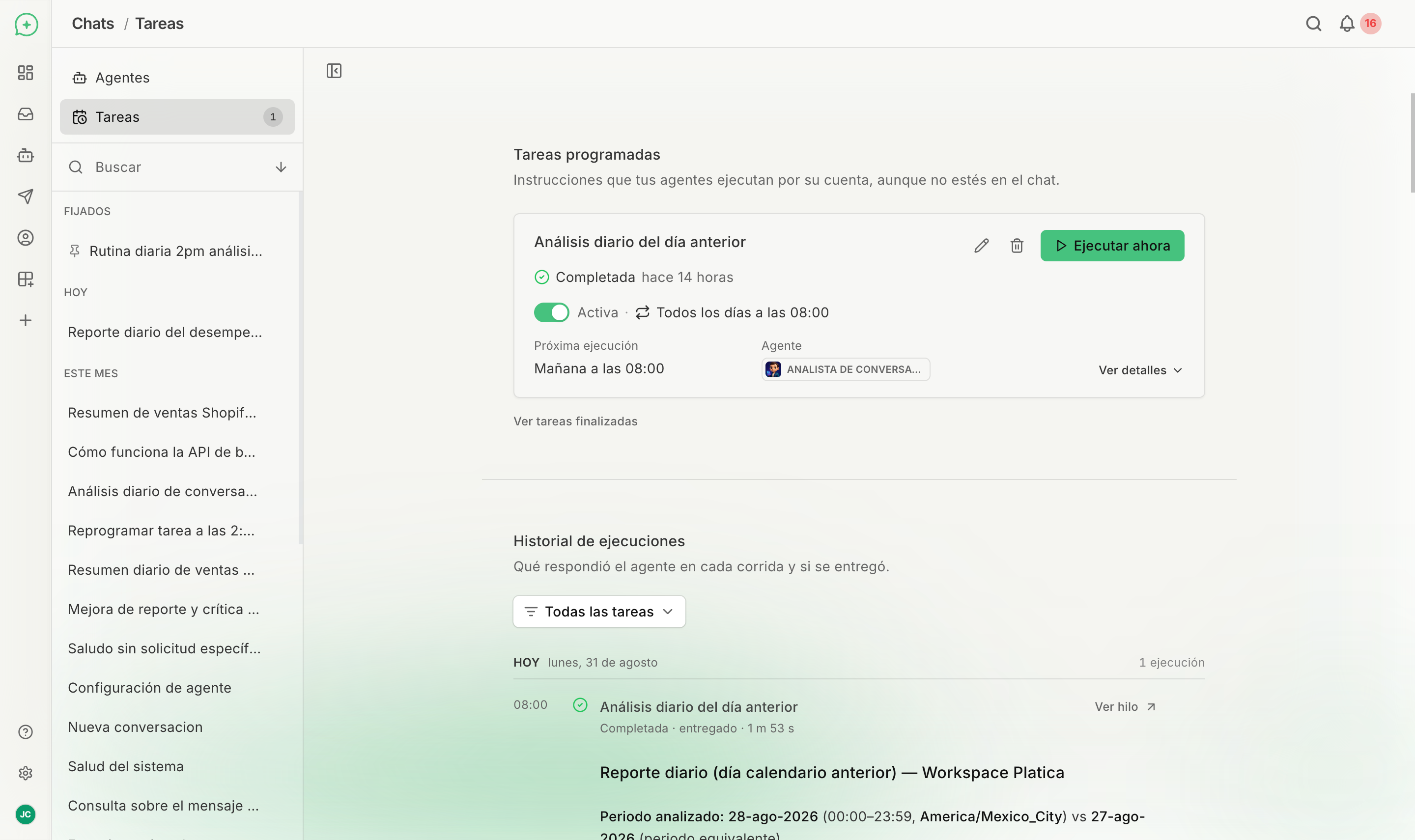 Vista de tareas programadas en Platica