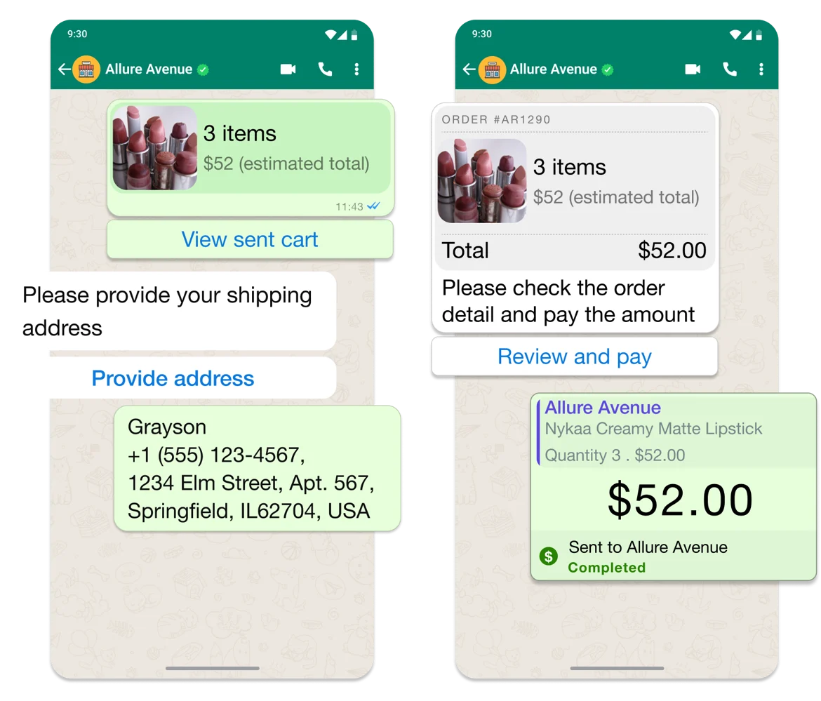 Collect shipping information and accept payments on WhatsApp