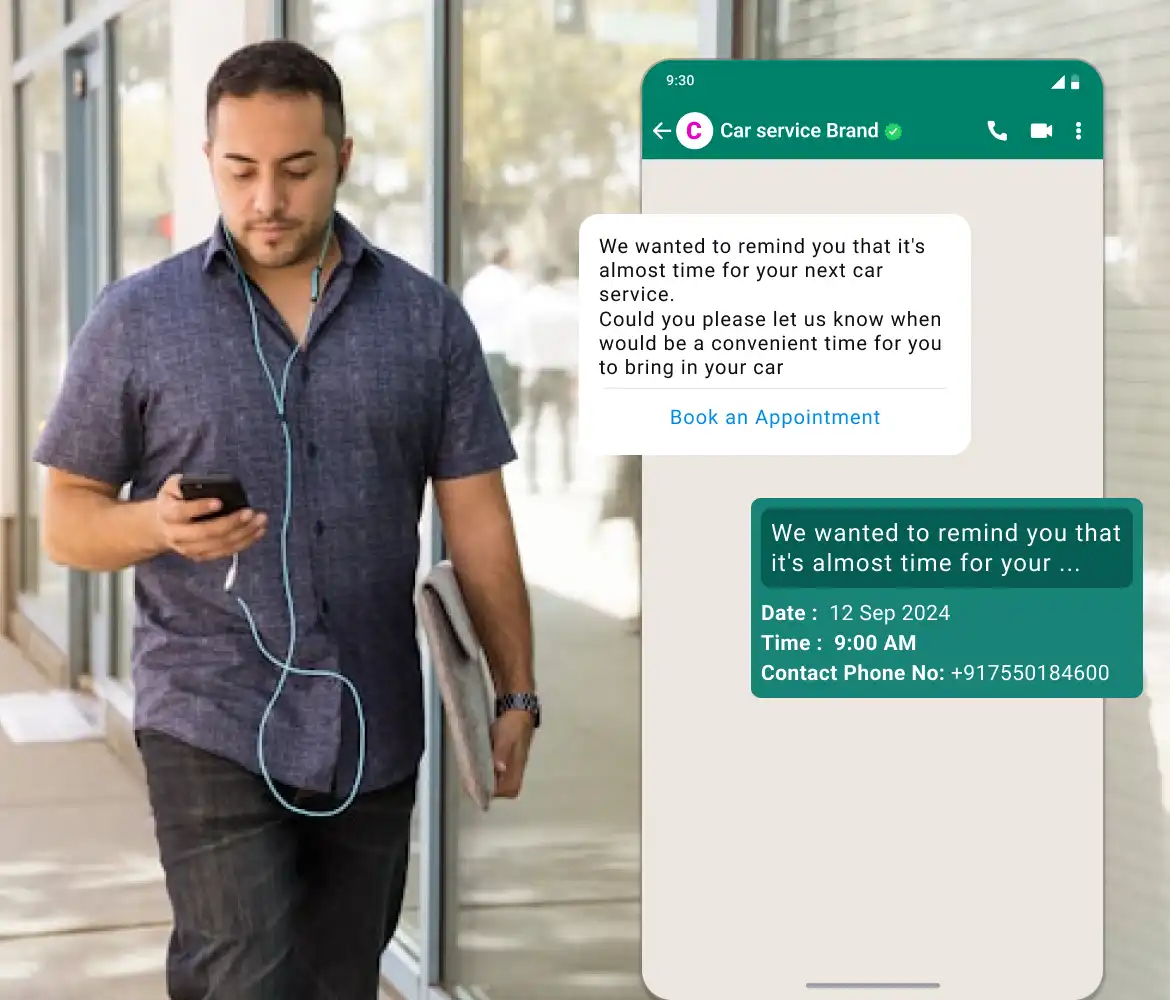 A WhatsApp chat window showing a customer booking a service appointment