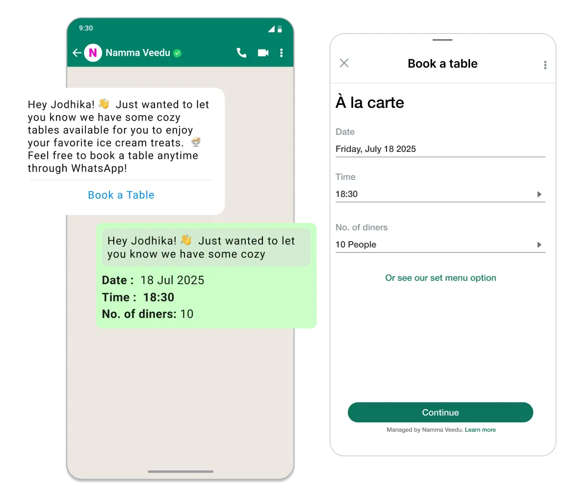 Boost restaurant reservations and offer 24/7 support with WhatsApp bookings and personalized recommendations.