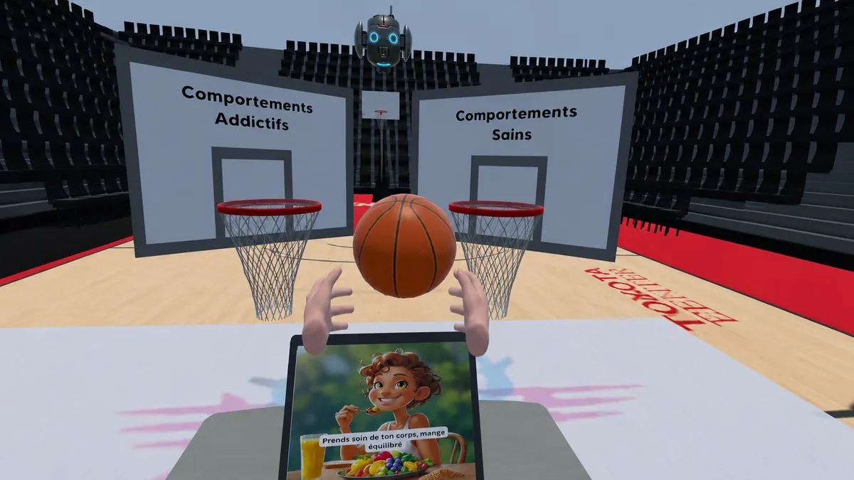 Capture d’un jeu PLAYI sur les addictions : un choix de comportement associé à une activité de basket. Les activités de votre intervention sont définies avec l’établissement.