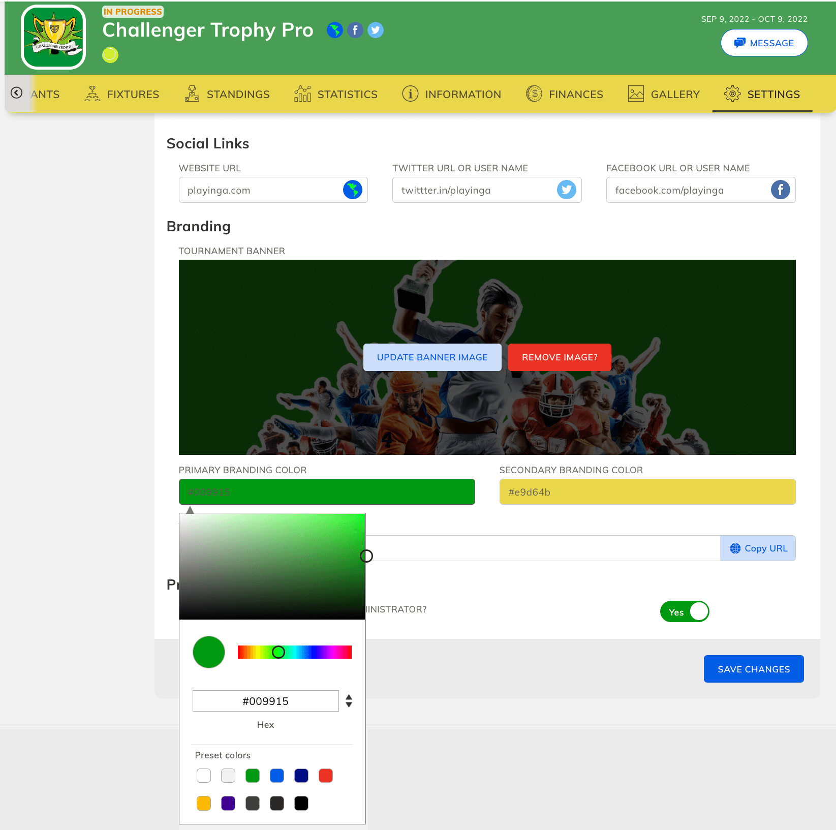 custom tournament page