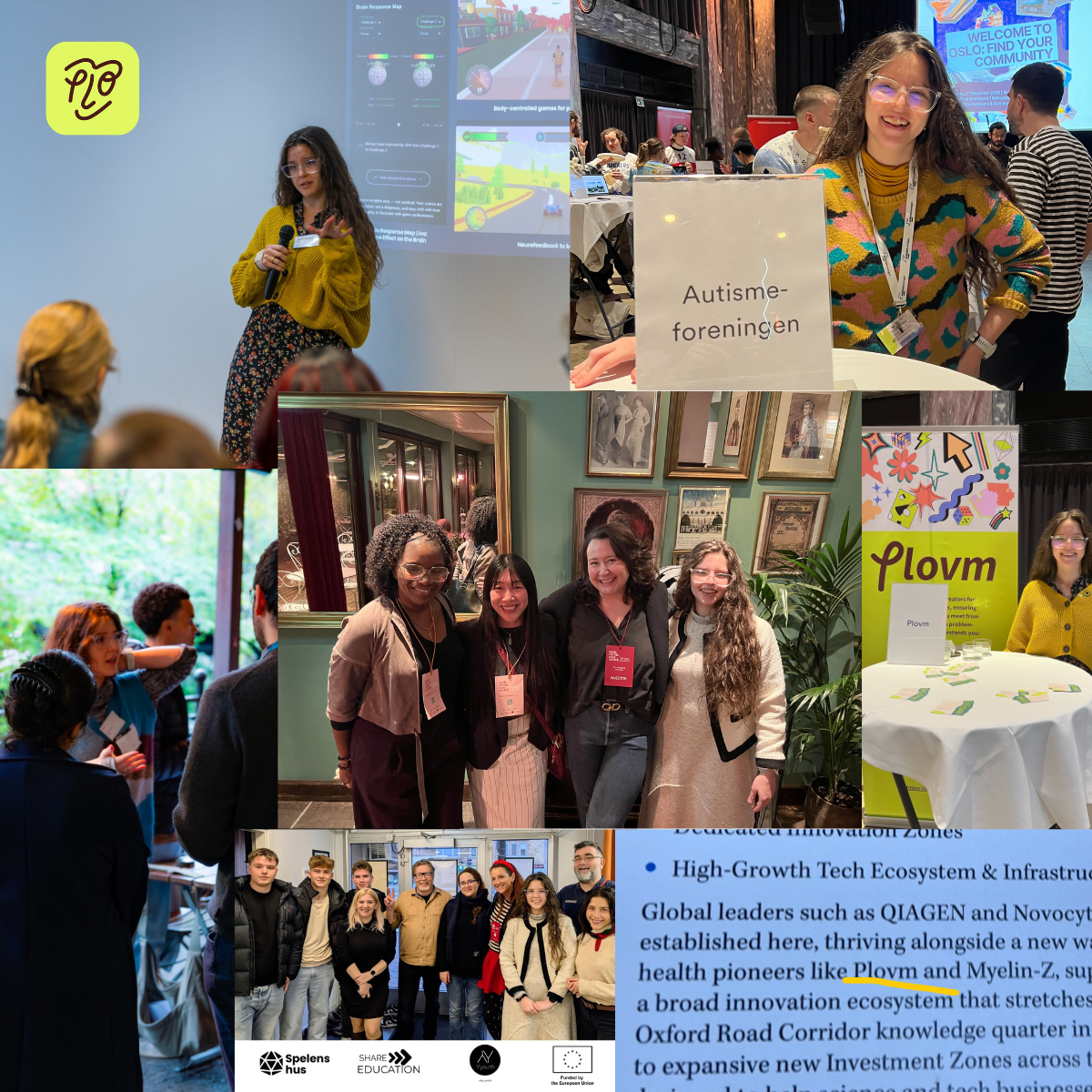 Collage of seven photos from 2025 showing Maria's community work. Plovm logo (dark red face on lime green) in top left corner. Top left: Maria presenting on stage in yellow sweater and floral skirt, microphone in hand, audience visible. Top right (wide photo): Welcome to Oslo event - Autismeforeningen booth with signage, people at tables, Maria on right in multicolored patterned sweater with lanyard. Middle left: Maria talking with people at outdoor event, wearing grey patterned turtleneck, long vest, jeans, greenery in background. Middle center: Four women posing together, framed art on green wall behind, Maria far right in beige knit dress. Middle right: Plovm booth at Welcome to Oslo - yellow banner, white table with materials, Maria far right in yellow cardigan. Bottom left: Group of 10 people at formal event, Spelens Hus branding visible. Bottom right: Magazine excerpt mentioning Plovm with QIAGEN and Novocyt as health pioneers