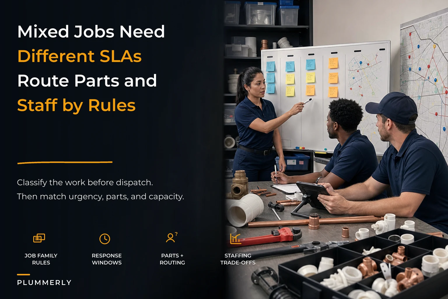 Service Delivery Model for Mixed Jobs: Decision Rules to Assign SLAs, Routing & Parts Policies