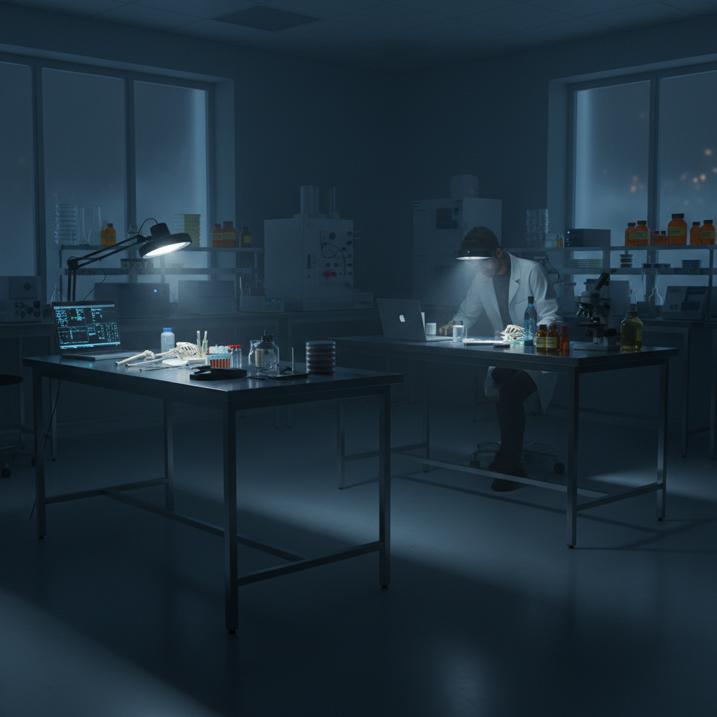 Dimly lit forensic lab with stainless steel tables