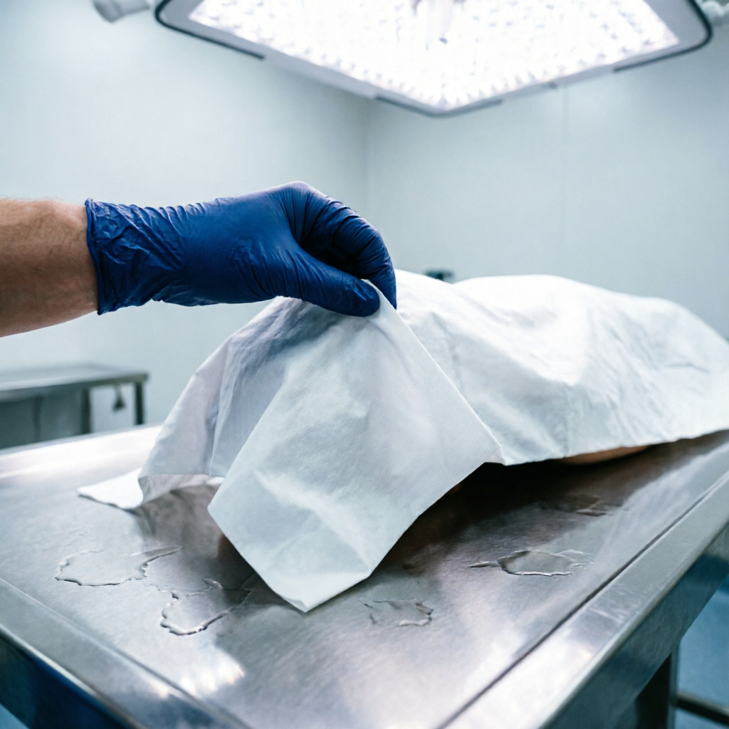 Close-up of a meticulous hand adjusting a sheet over a body