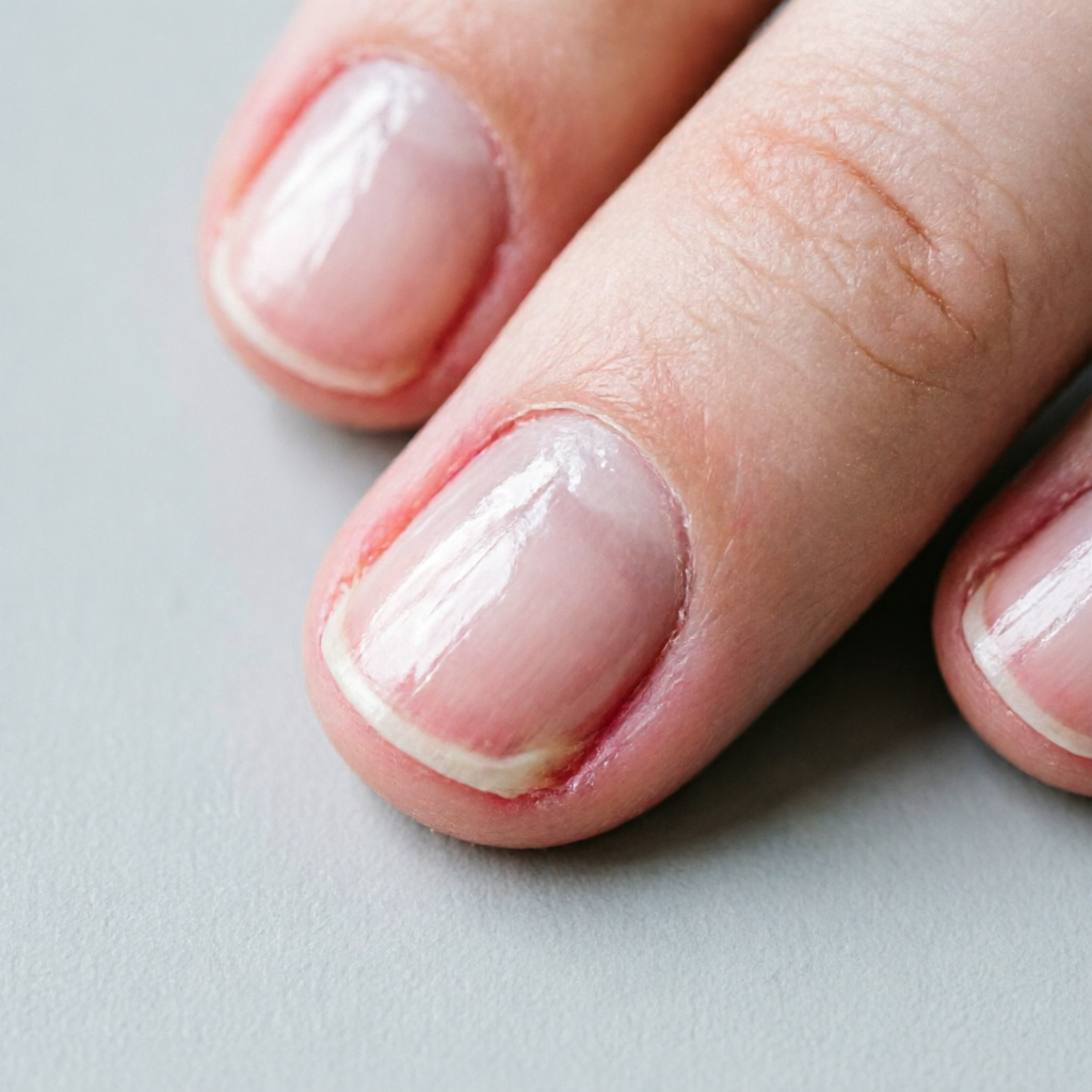 Close-up of a gloved hand pointing to a faint mark on a finger