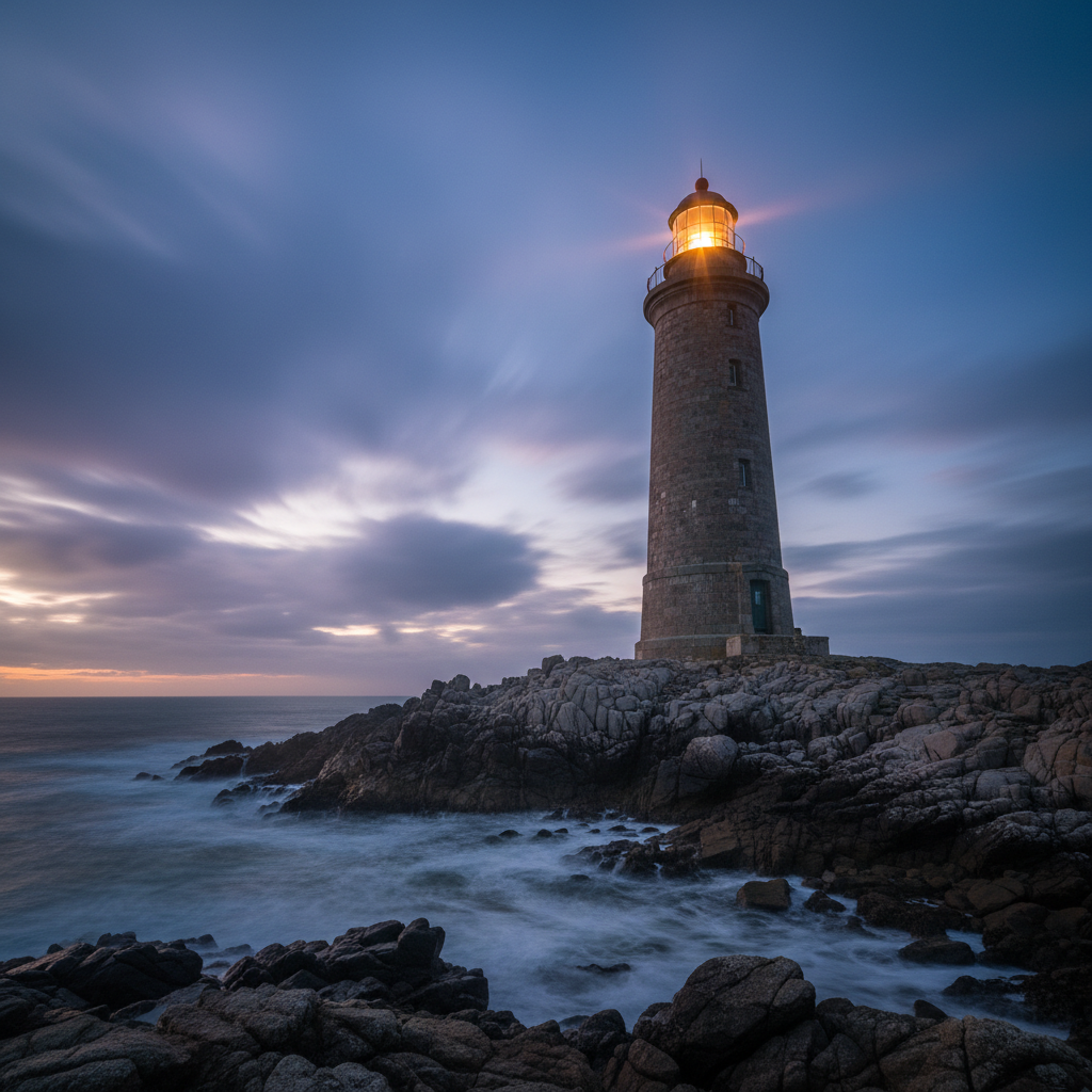 Lighthouse glowing at night