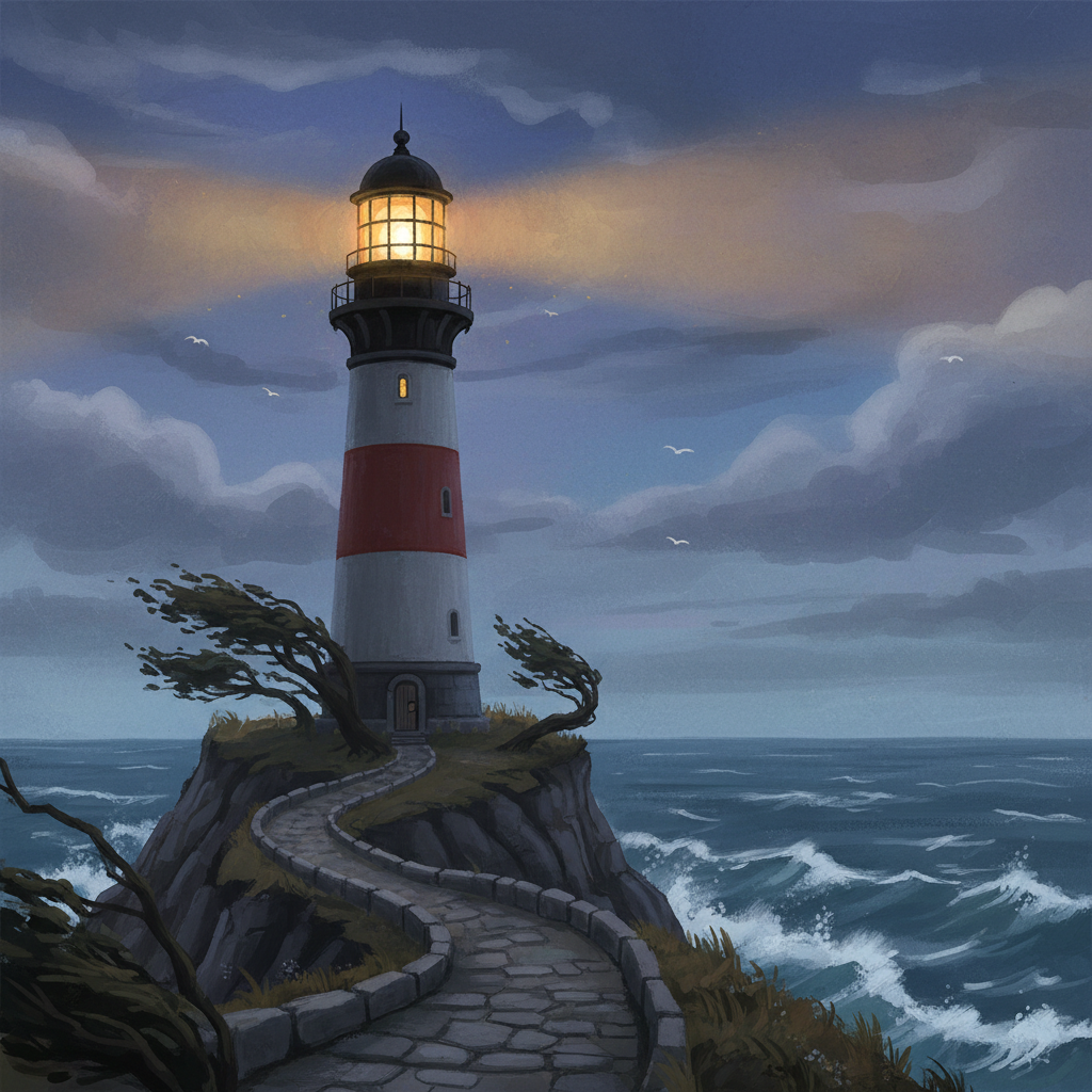 A lighthouse tower at dusk, its lamp glowing gold above a windswept clifftop path, painterly