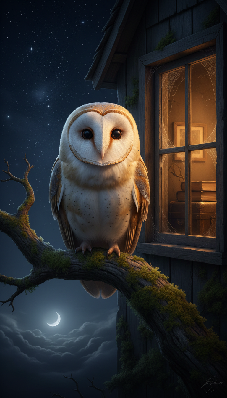 An owl perched on a branch outside the window