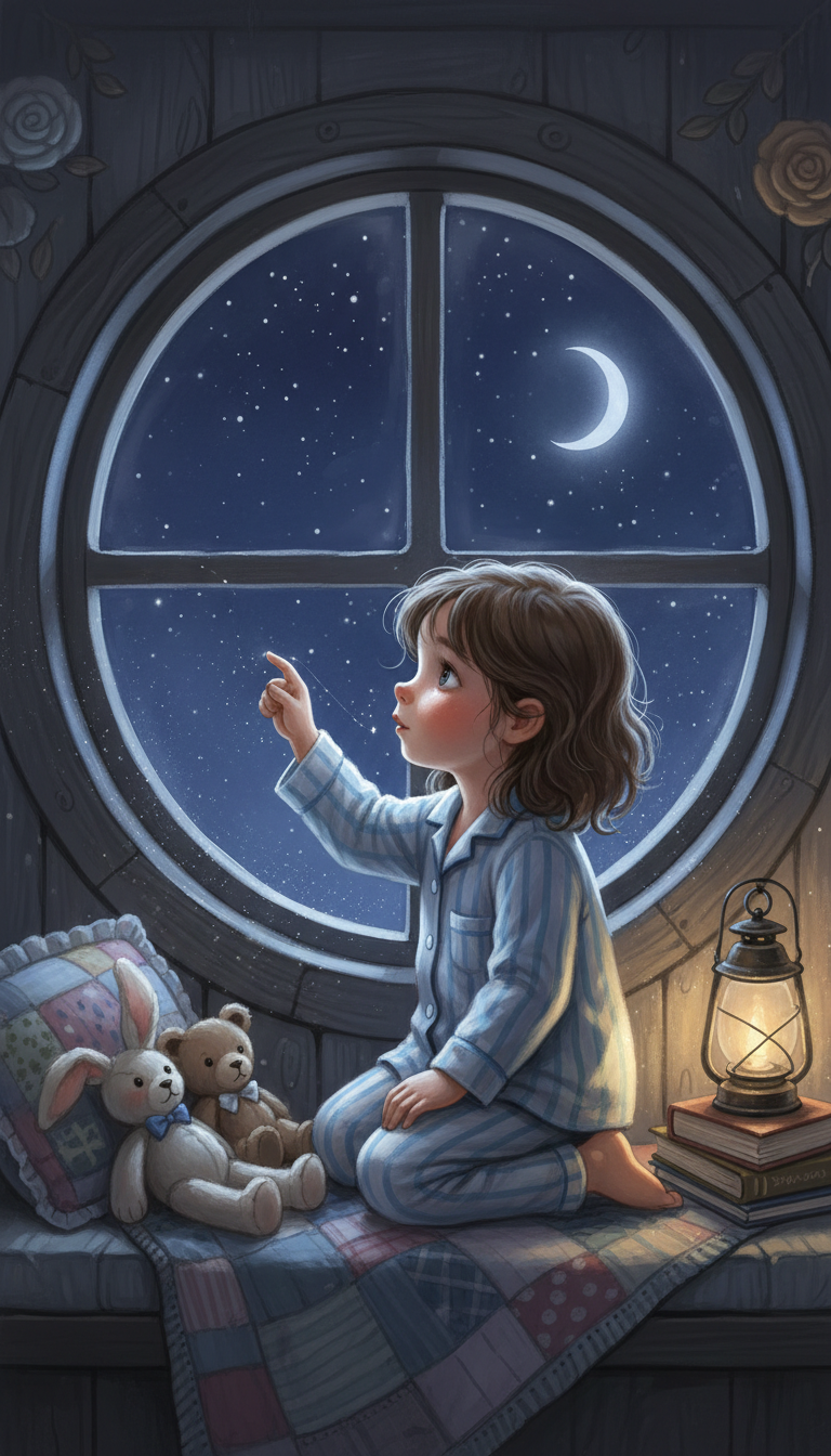 A girl at an attic window counting stars