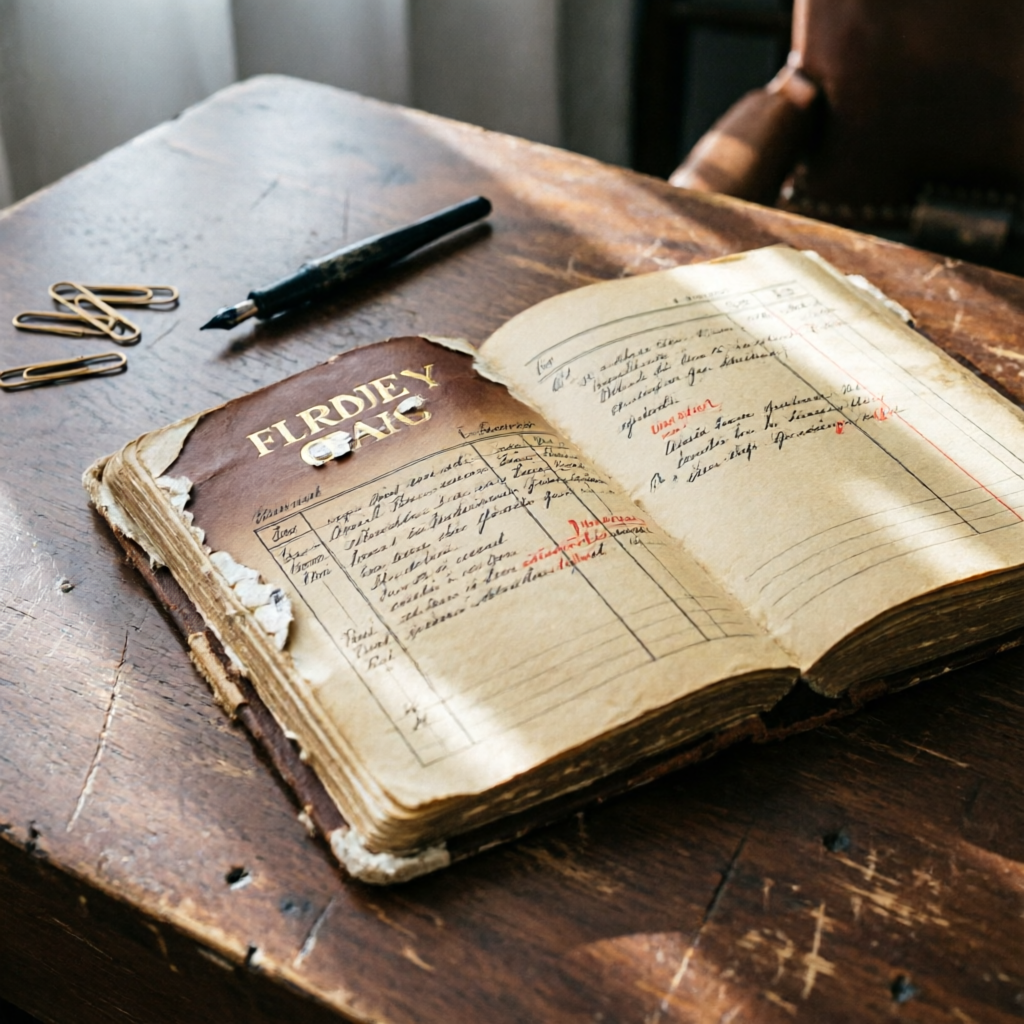 A worn leather ledger open on a wooden desk