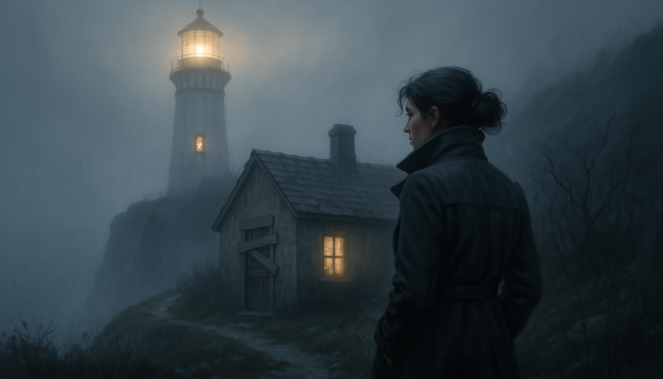 A fog-wrapped lighthouse at dusk