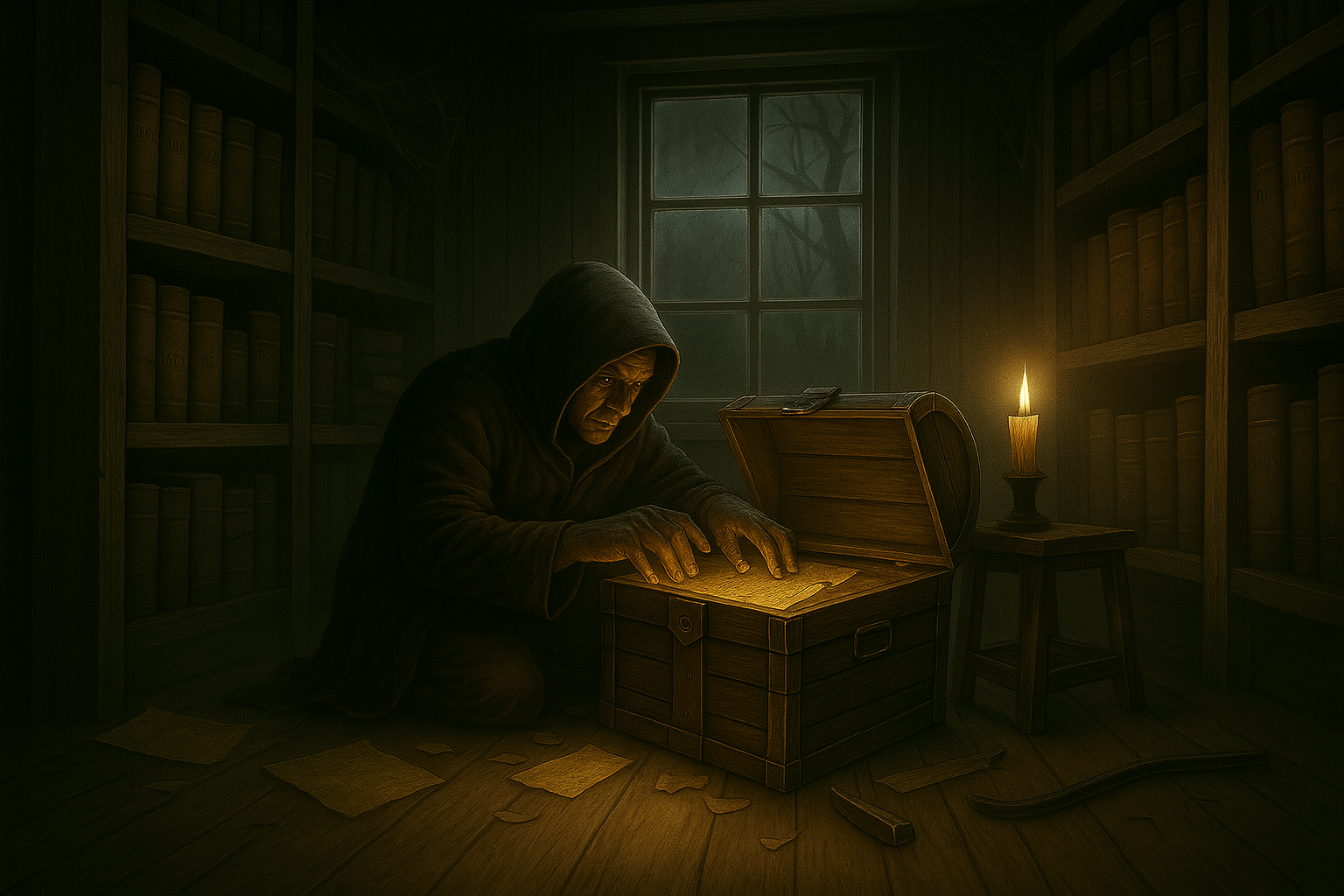 A dim cottage interior with shelves of old ledgers