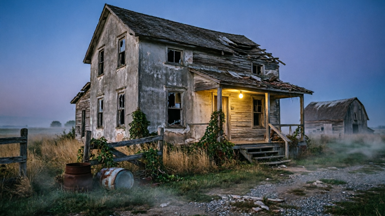 Old farmhouse at dusk with one lit window