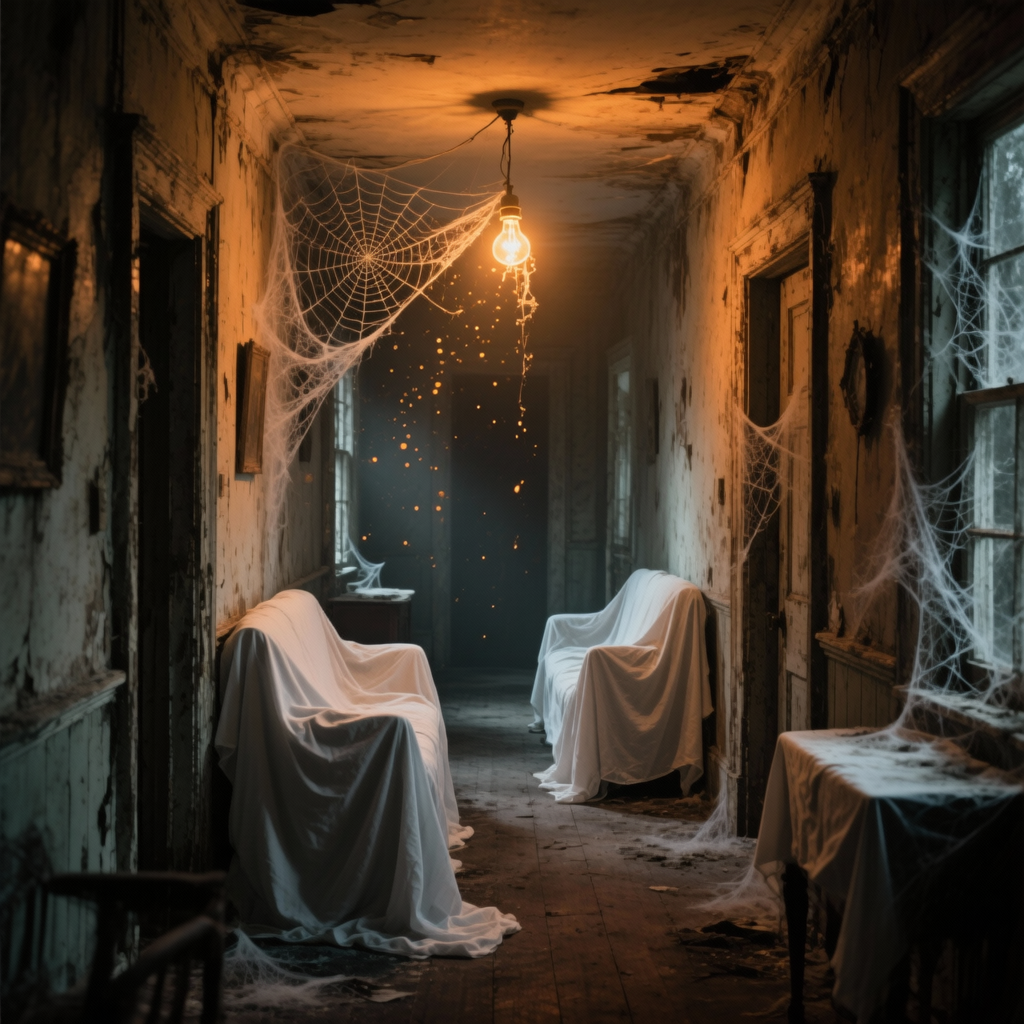 Dust-covered hallway with sheeted furniture
