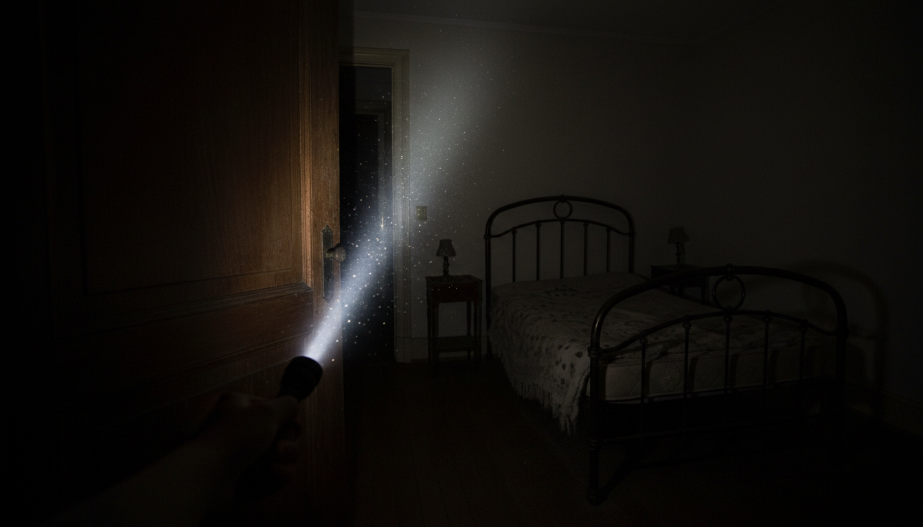Flashlight beam cutting into a dark bedroom doorway