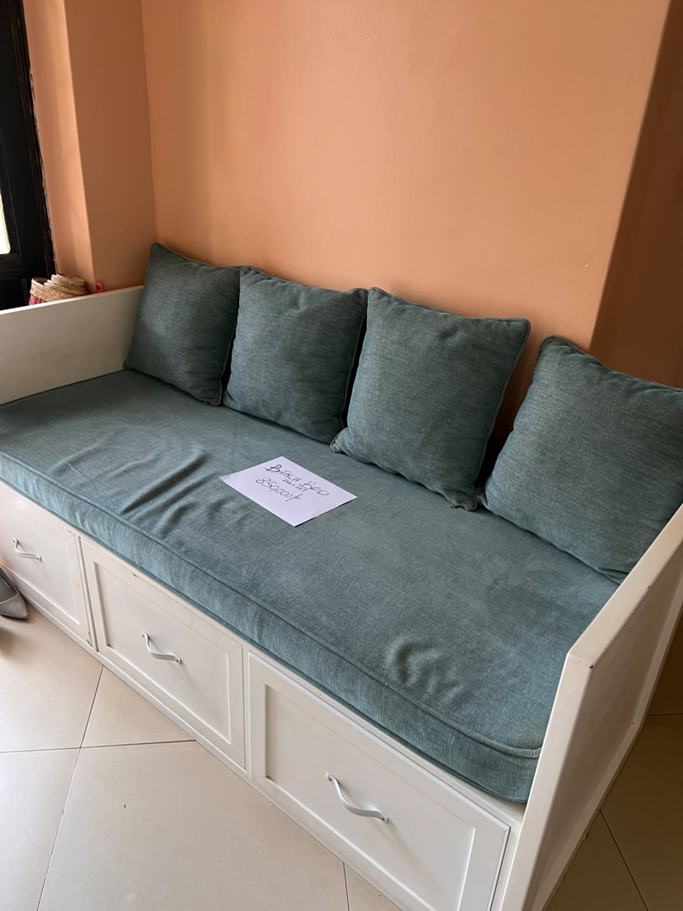 Daybed with cushions and storage drawers
