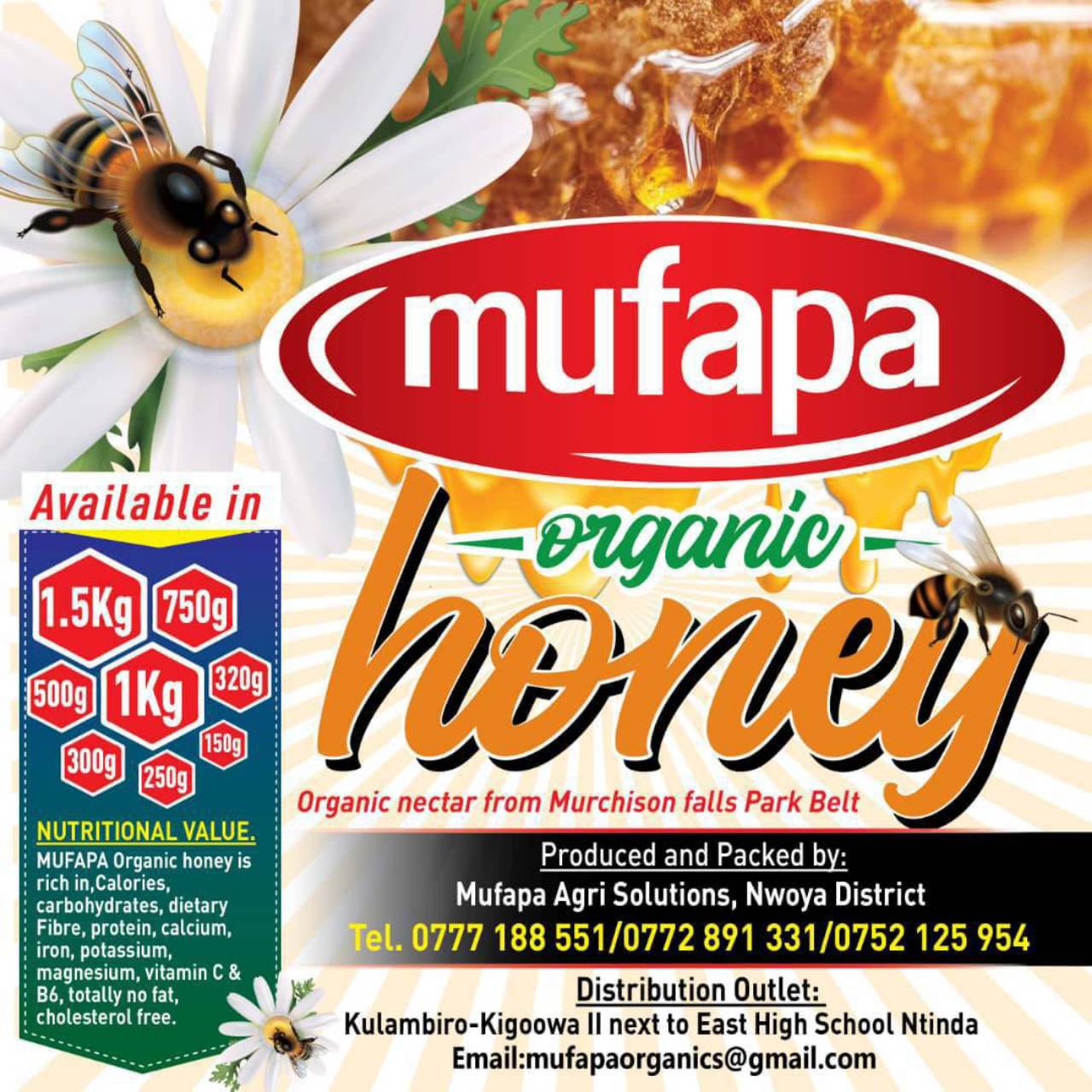 Organic Pure Honey from Murchison Falls Park Belt, Available in 5kgs, 1.5kgs, 1kg, 750gms, 500gms, 250gms