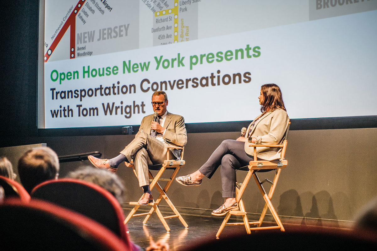 Tom Wright and Sarah Kaufman in conversation on stage.