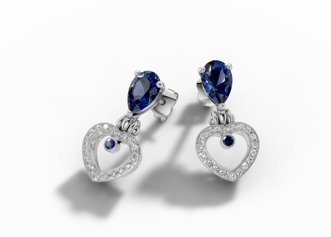עגילי טיפה ולב משובצים – זוהר כחול באהבה