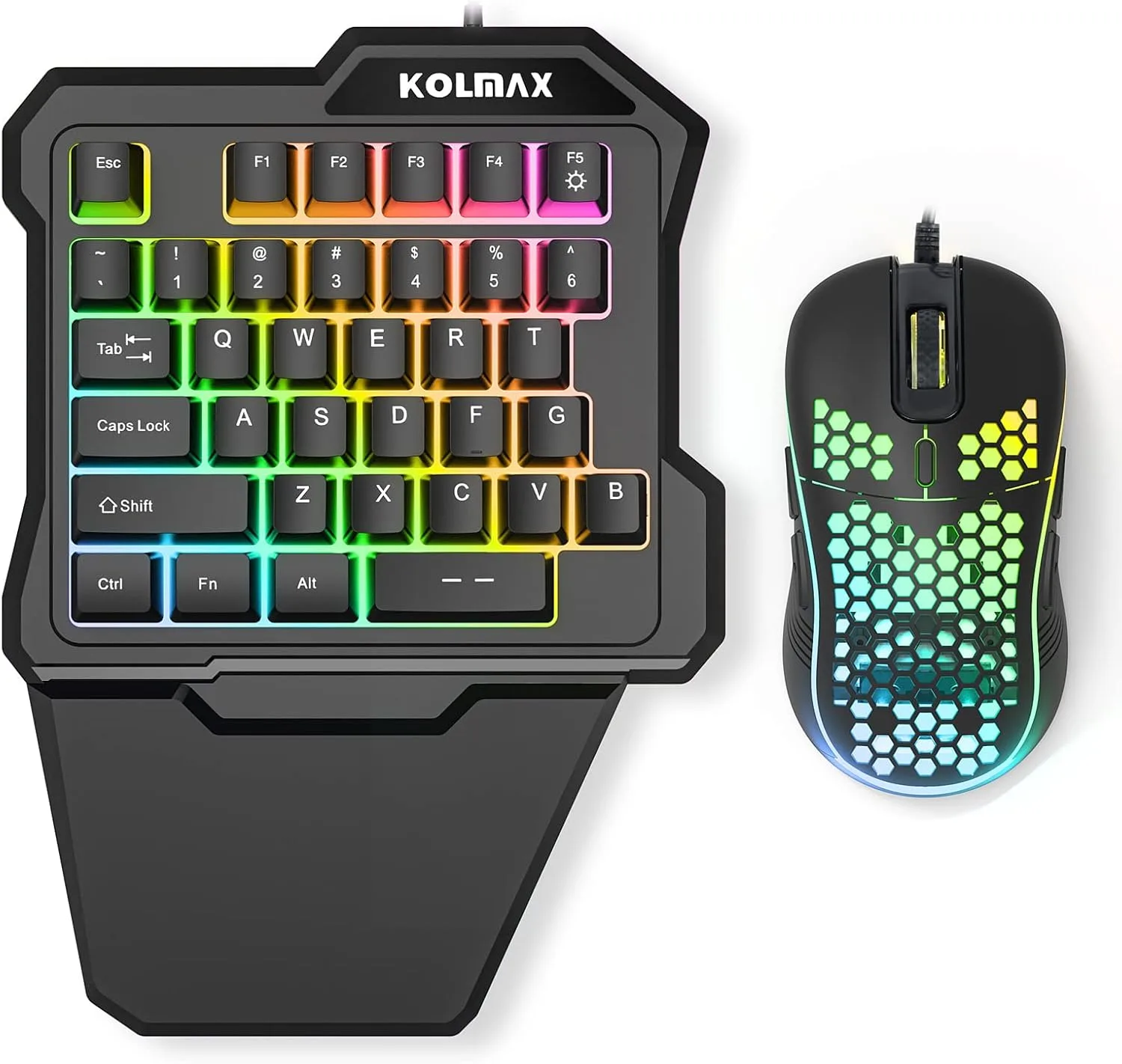  מקלדת גיימינג ועכבר משולבת RGB ביד אחת, מקלדת גיימינג חוטית USB עם תמיכה במשענת היד, ועכבר גיימינג של חברת Kolmax