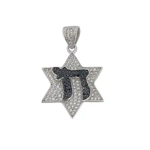 תליון בשלוב מגן דויד וחי כסף 925 משובץ באבנים זירקוניה
