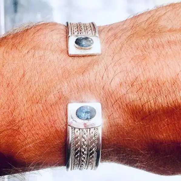 Sterling silver bangle for man with 2 blue topaz london stones