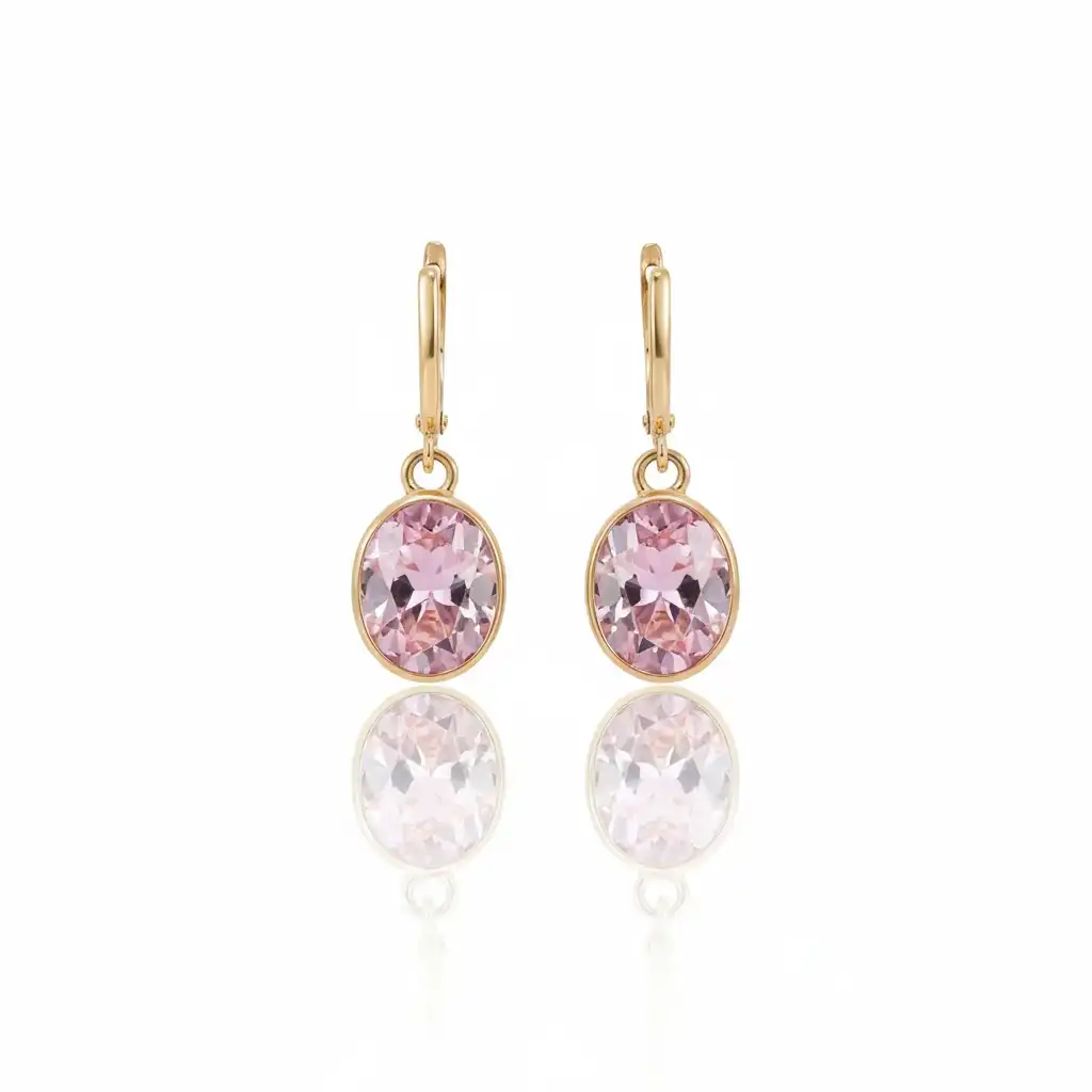 עגילים תלויים משובצים באבן רוזקוורץ אמתית זהב 14K