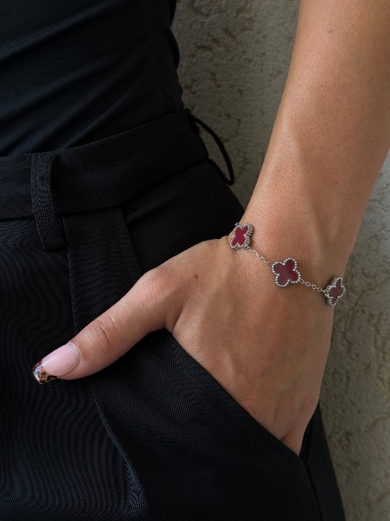 צמיד תלתן בורדו כסוף