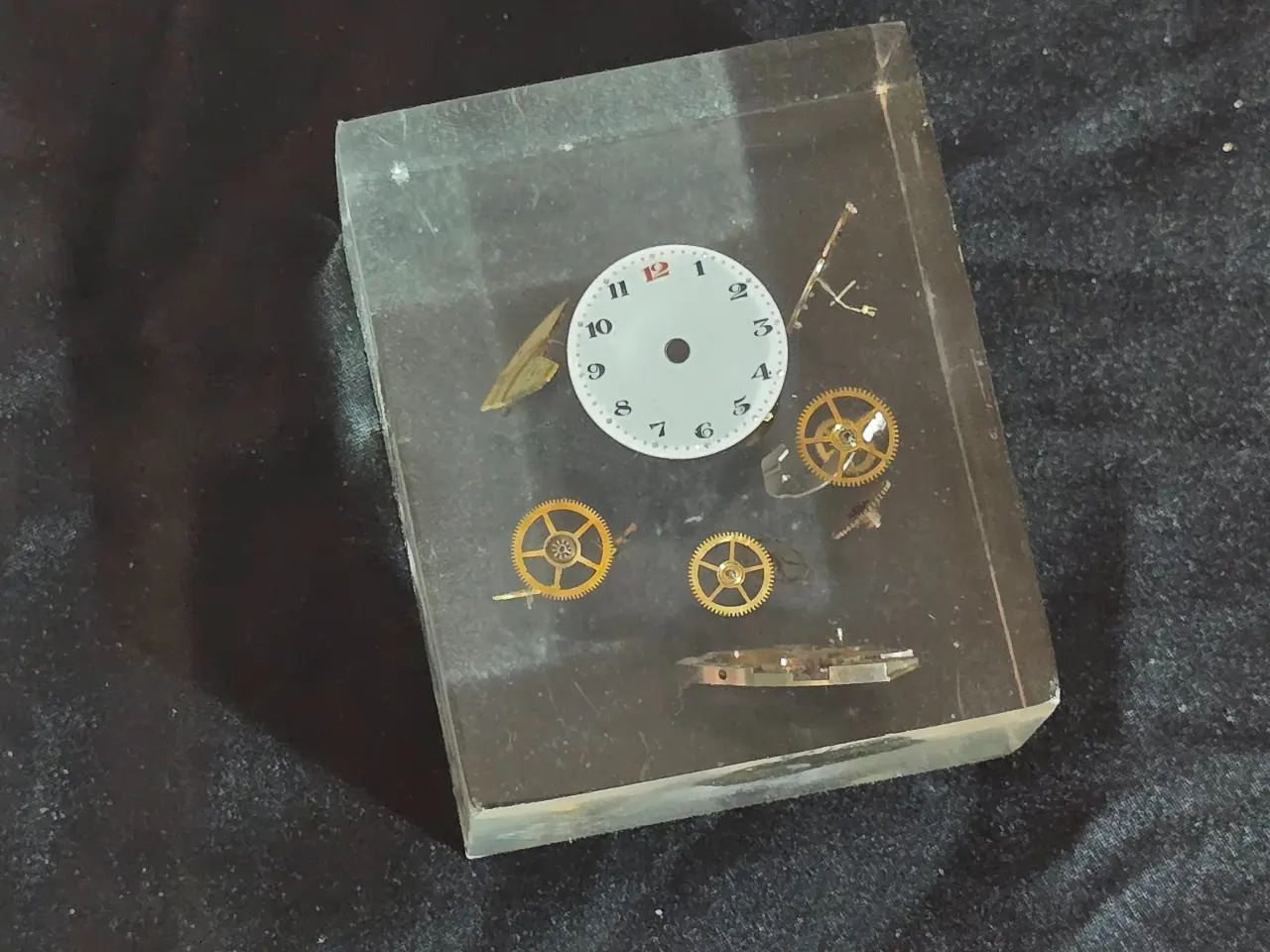 פריט המייצג את עצירת הזמן "זמן קפוא"חלקי שעונים בתוך קובית פרספקט פריט מעניין