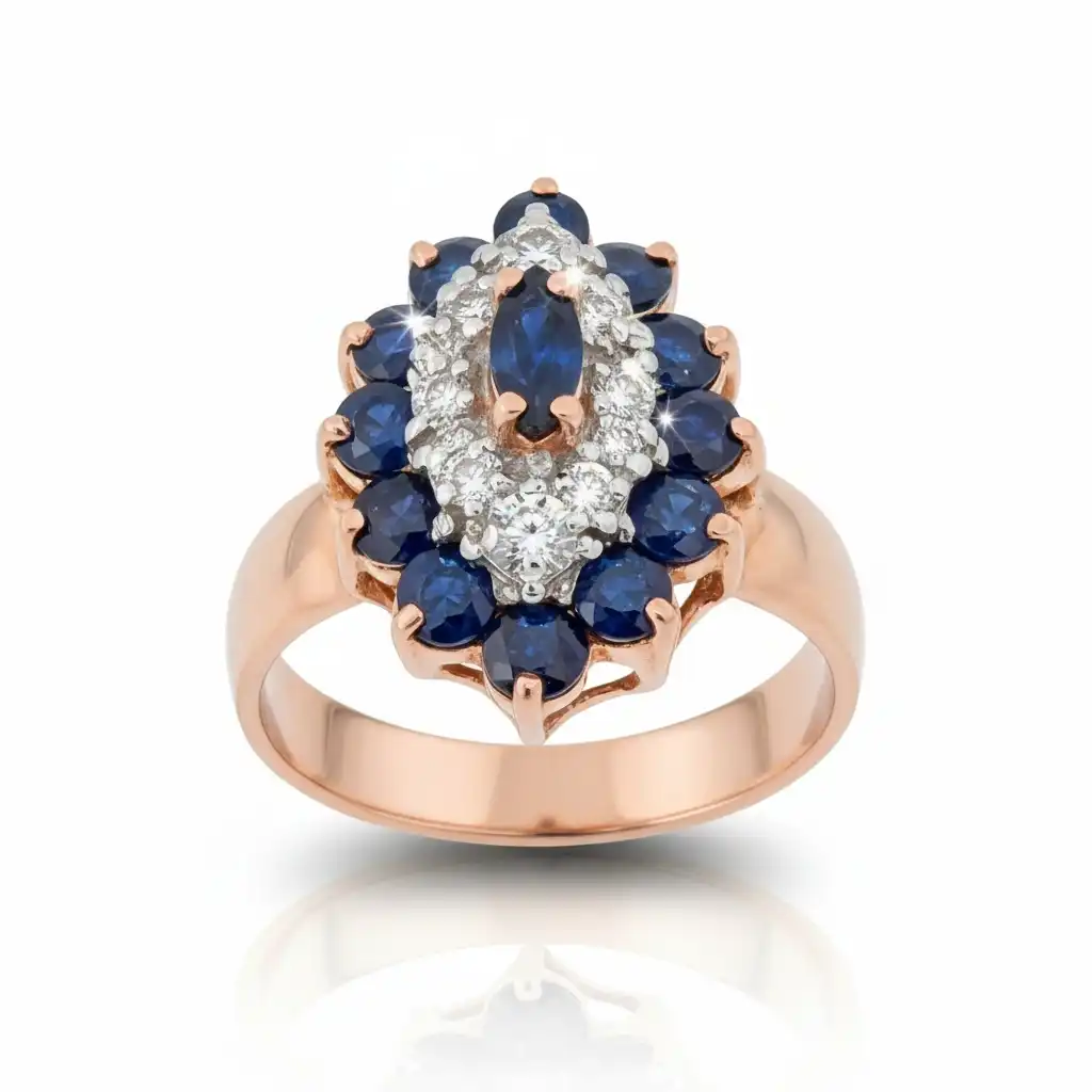 טבעת וינטג' יהלומים טבעיים נקיים 0.47GVVS בשילוב עם אבנים ספירים טבעיים