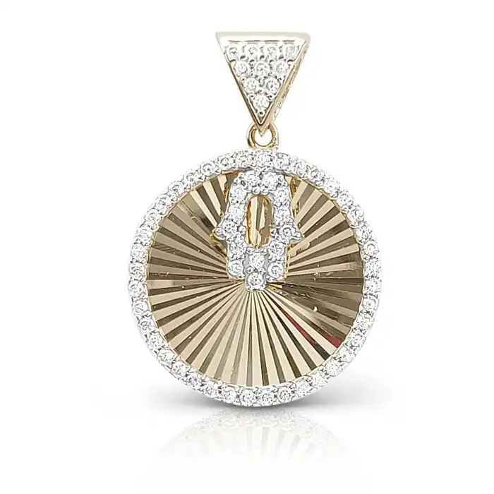 תליון חמסה בחריטה נהדרת מעוטר בזירקונים 14K