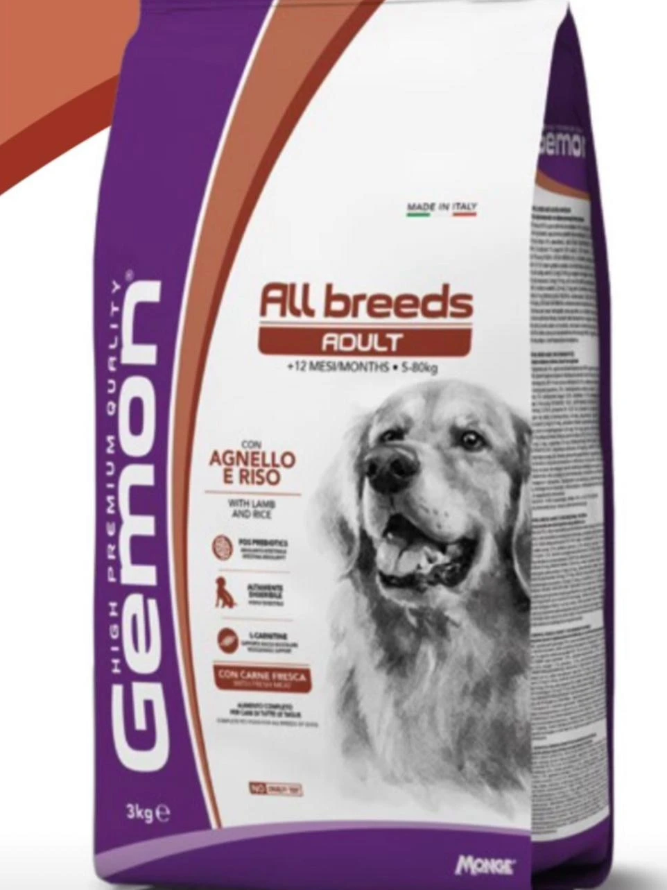 מזון לכלבים בוגרים לכל הגזעים בטעם כבש ואורז מבית ג׳מון – תז