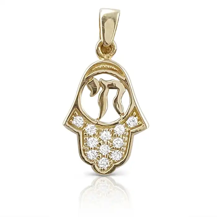 תליון חמסה עם כיתוב "חי" זהב 14K