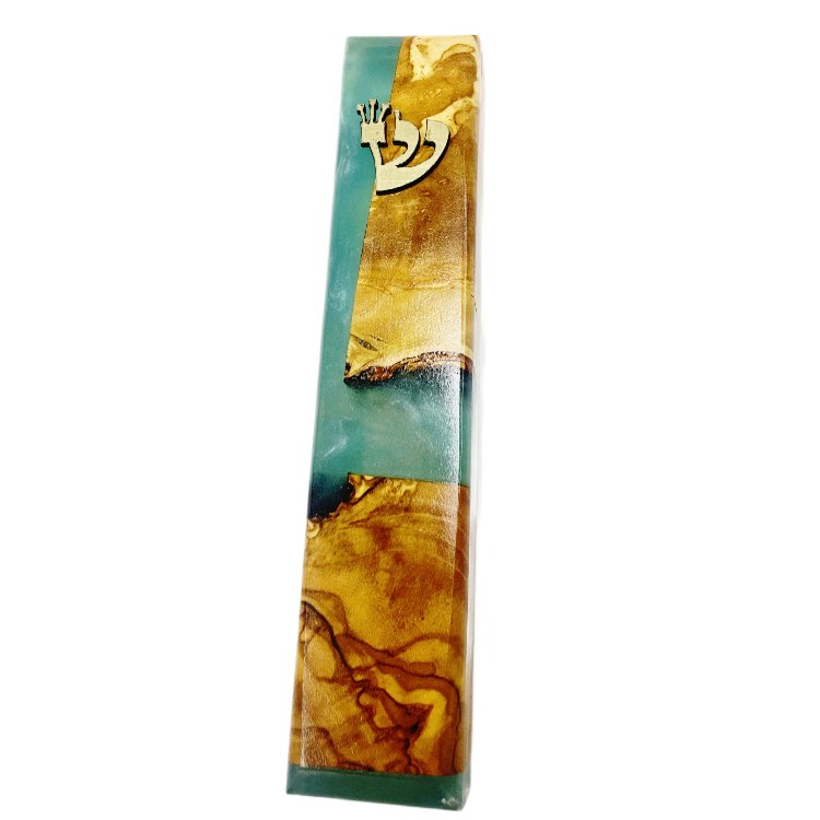 בית מזוזה עץ זית ואפוקסי בגוון טורקיז 